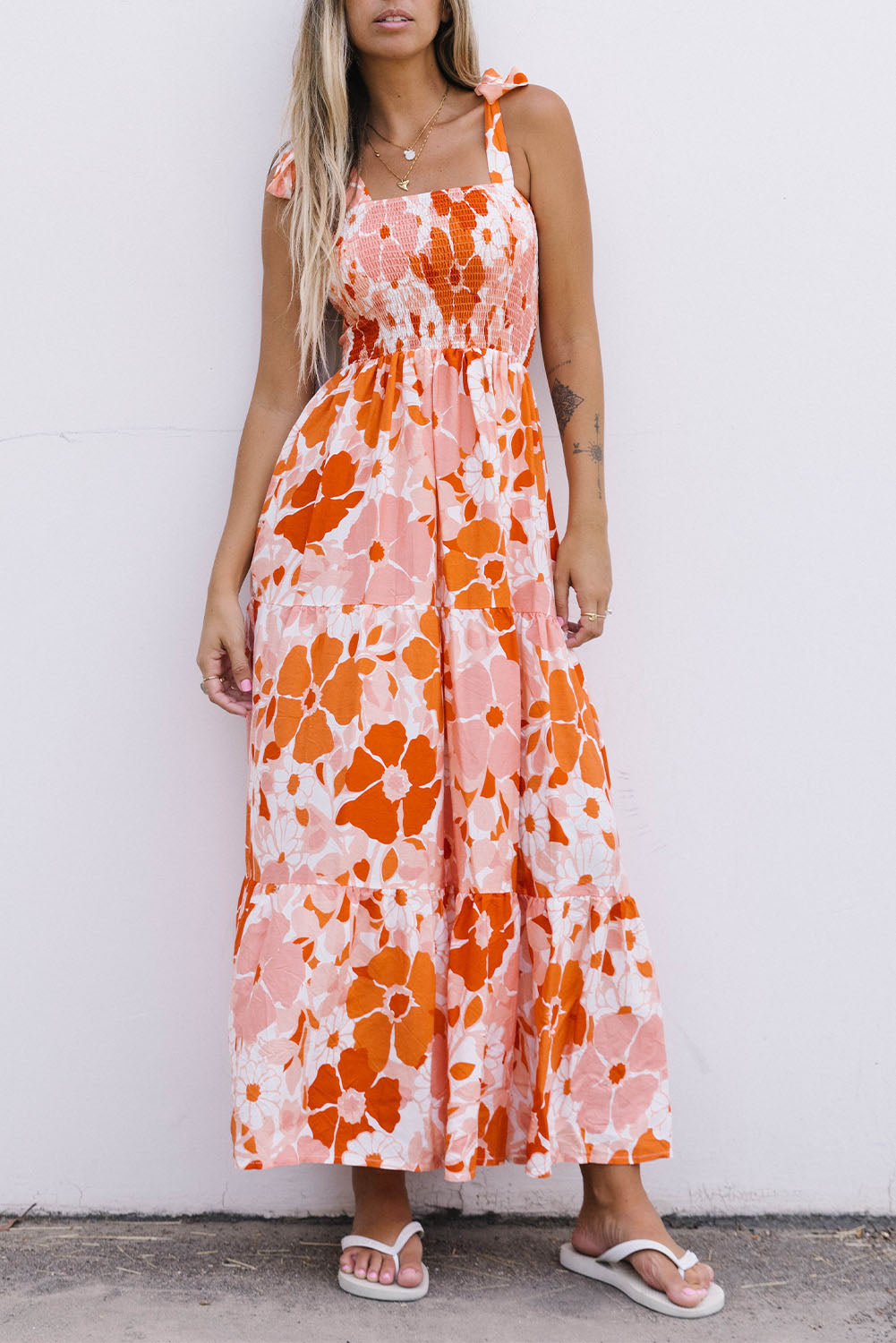 Shirred Lace-up Strap Sleeveless Floral Maxi Dress