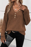 Khaki Pointelle Knit Button V Neck Drop Shoulder Sweater