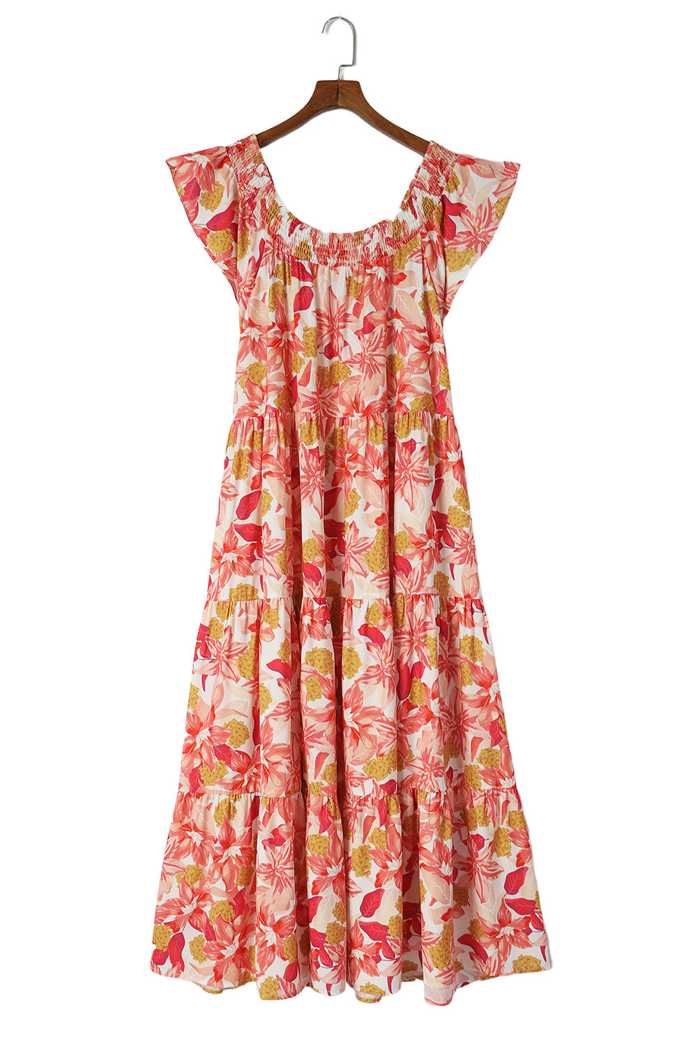 Floral Print Shirred Ruffled Sleeveless Plus Size Dress