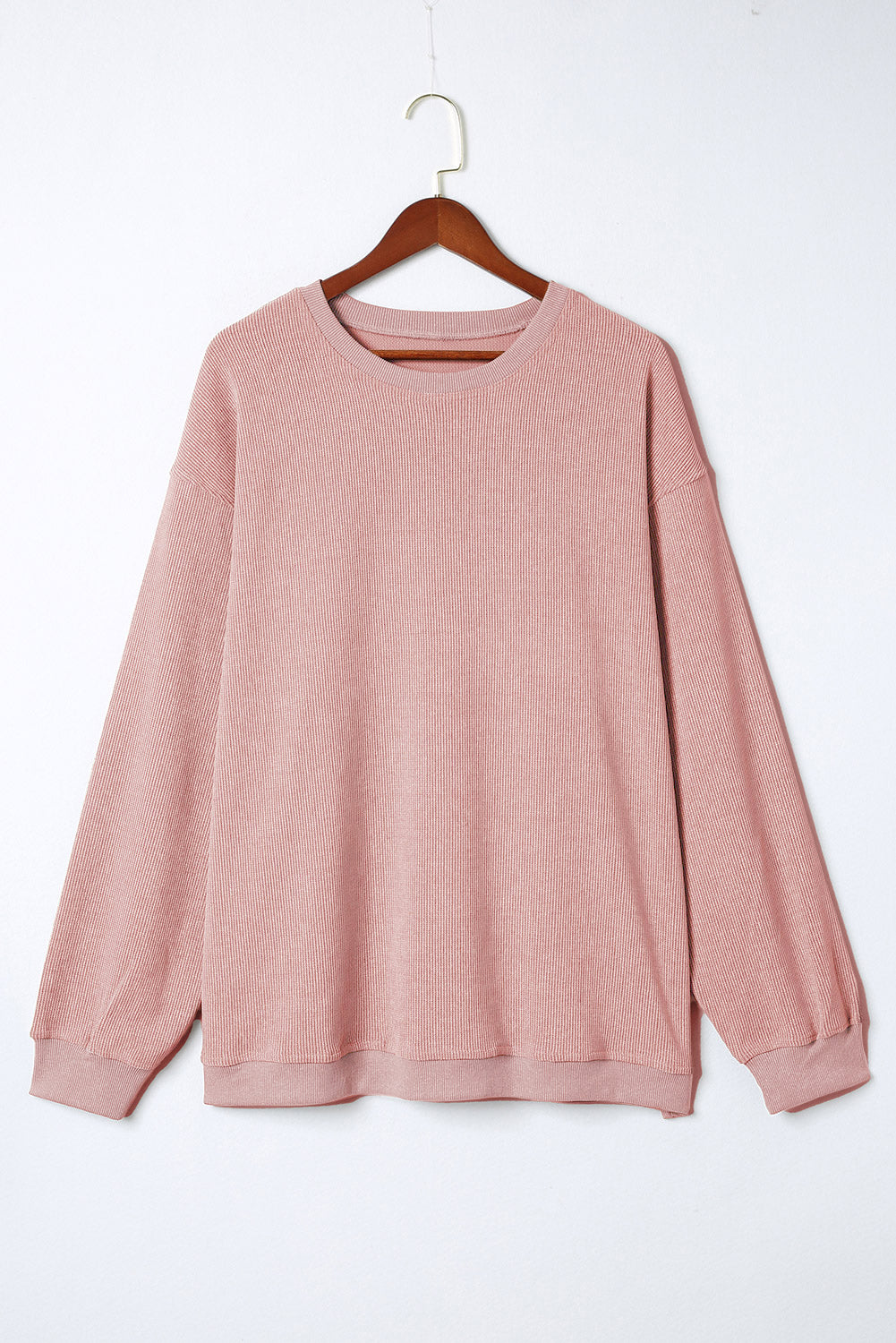 Pink Solid Ribbed Knit Round Neck Pullover Sweatshirt