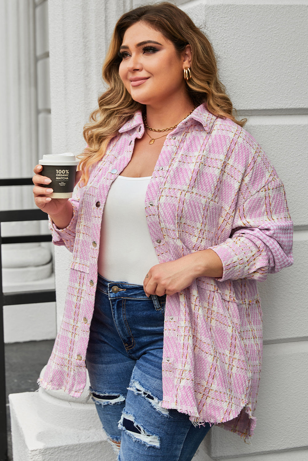 Plus Size Tweed Plaid Houndstooth Print Jacket