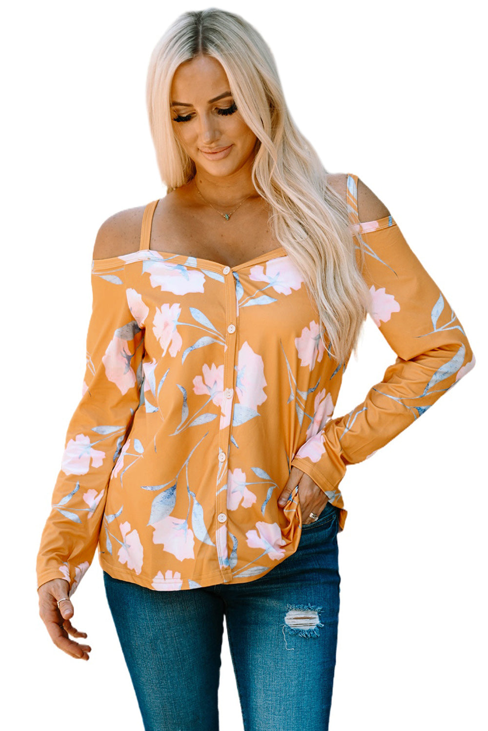 Cold Shoulder Long Sleeve Floral Top