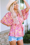 Boho Floral Print Belted Surplice Blouse