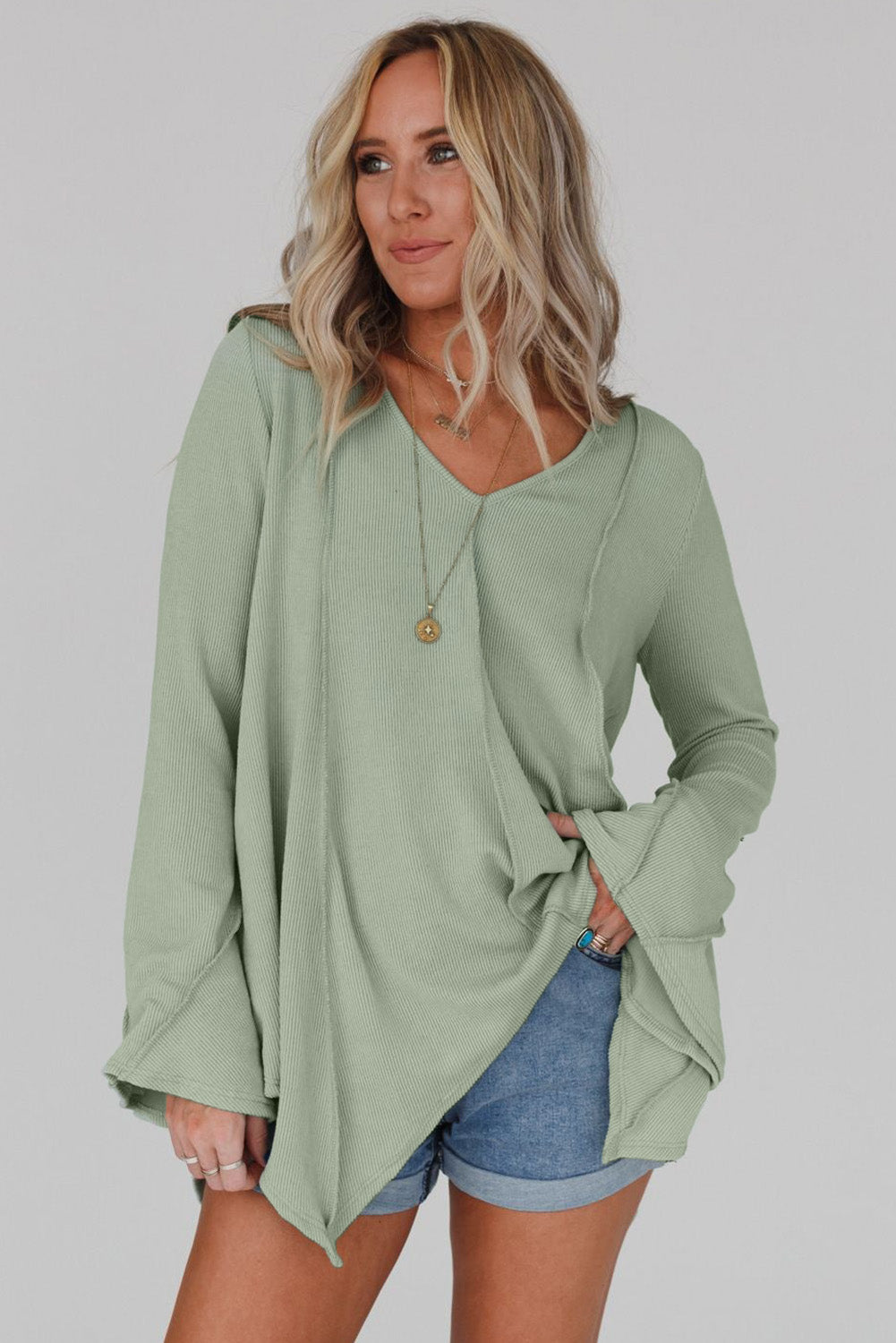 Ribbed Expose Seam Bell Sleeve Top