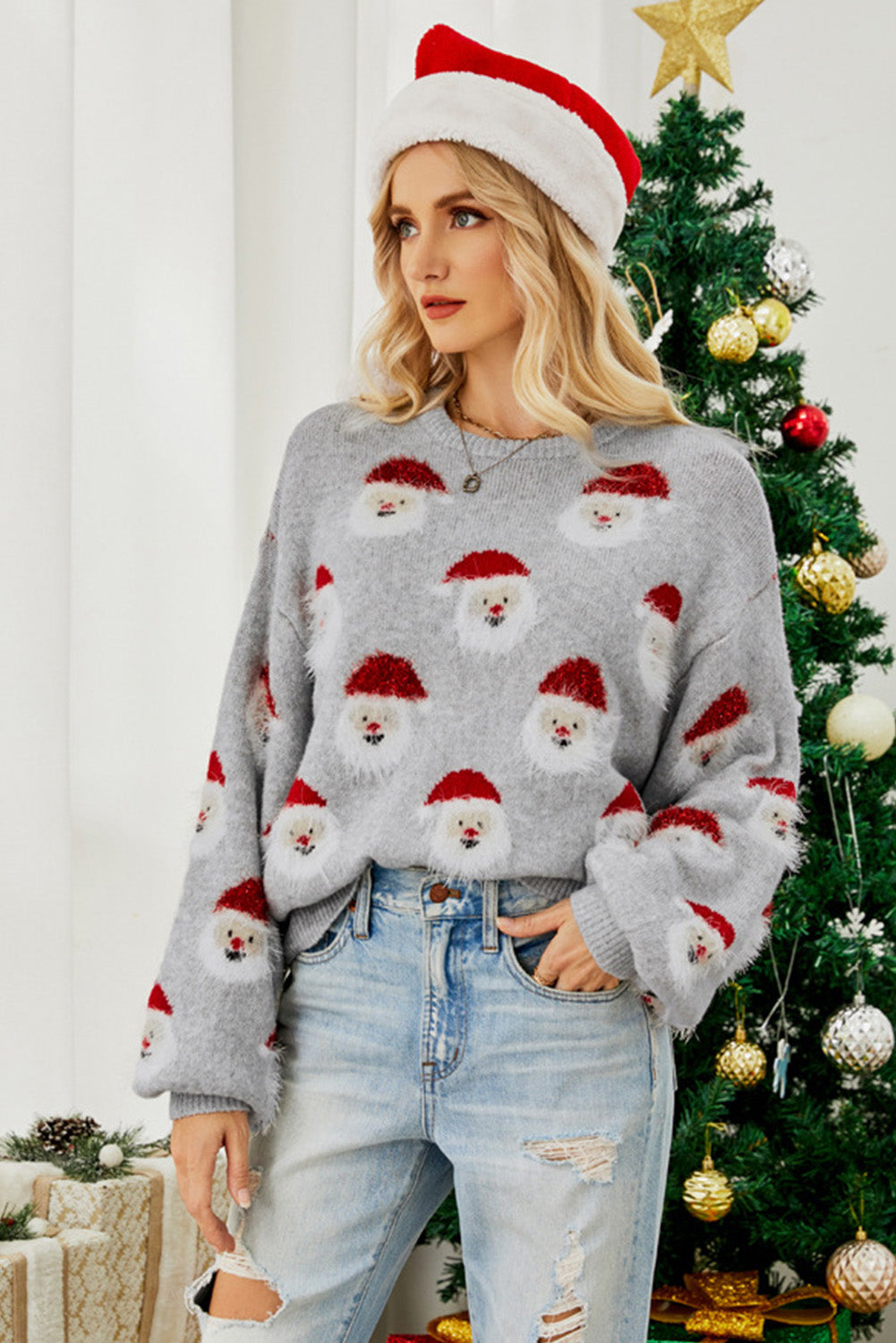 Gray Christmas Santa Claus Pullover Sweater