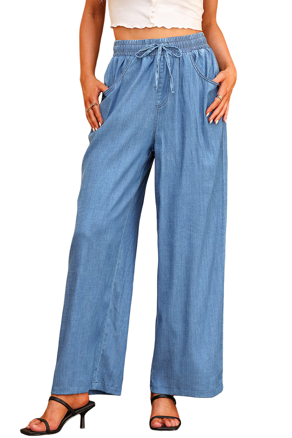 Blue Drawstring Waist Wide Leg Tencel Denim Pants