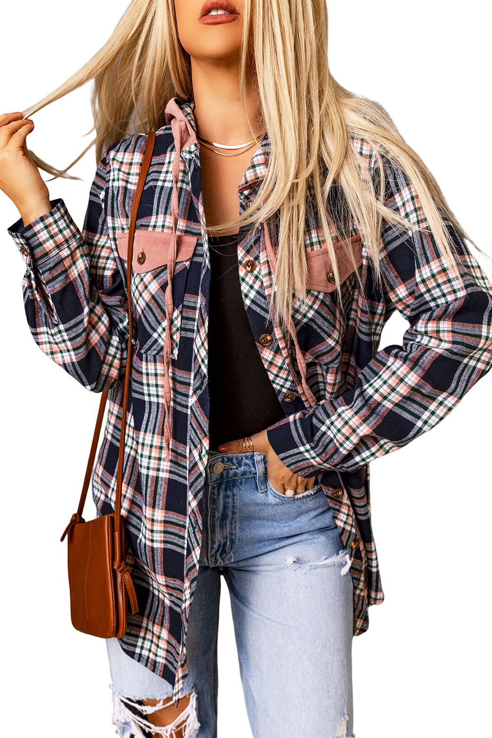 Contrast Hooded Drawstring Plaid Shacket