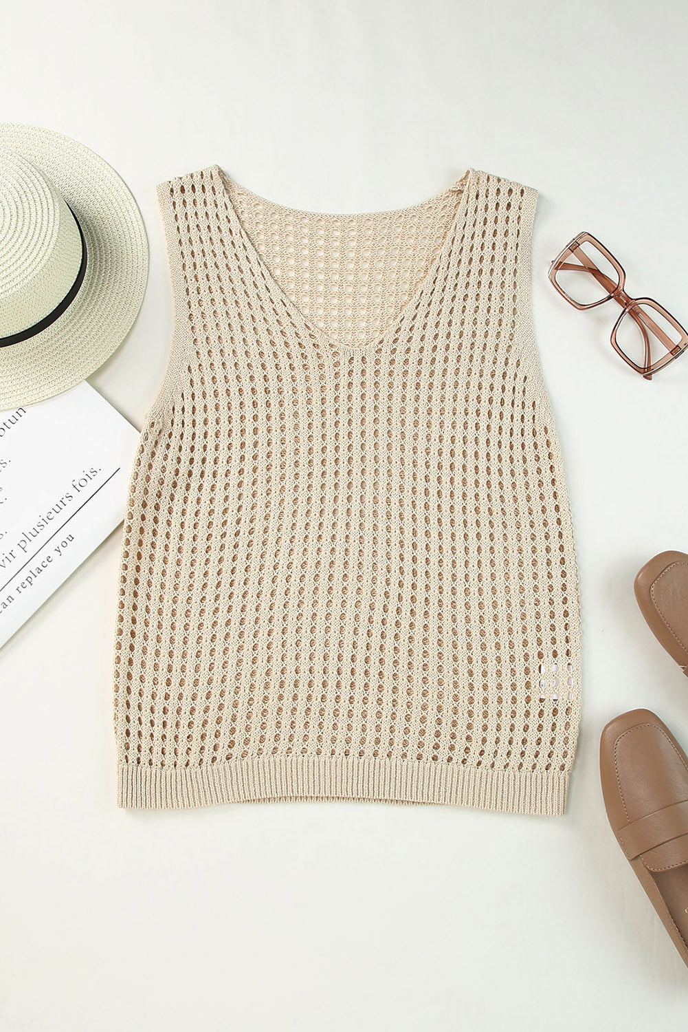 V Neck Fishnet Hollow-out Knitted Tank Top