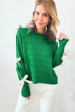 Bright Green Bow Knot Cut Out Round Neck Loose Sweater