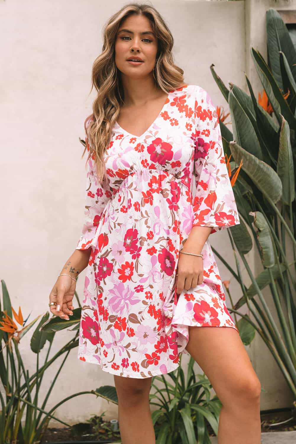 V Neck 3/4 Sleeve Floral Dress