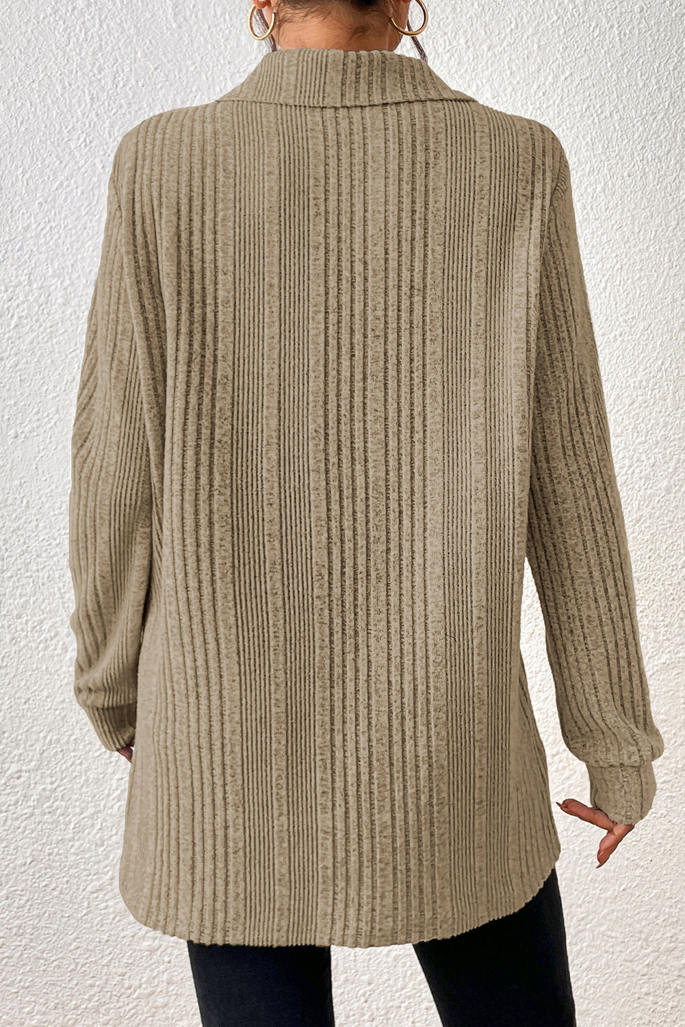 Ribbed Knit V Neck Collared Split Hem Tunic