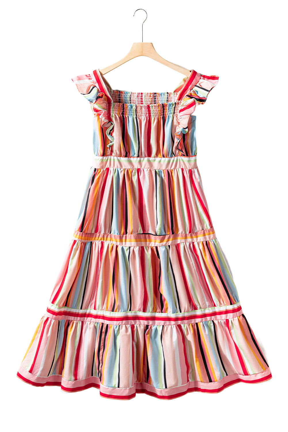 Rainbow Stripe Ruffles Ruched Tiered Dress