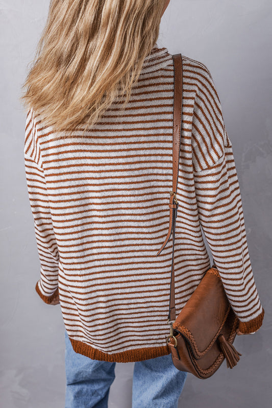 Brown Striped Turtleneck Loose Sweater