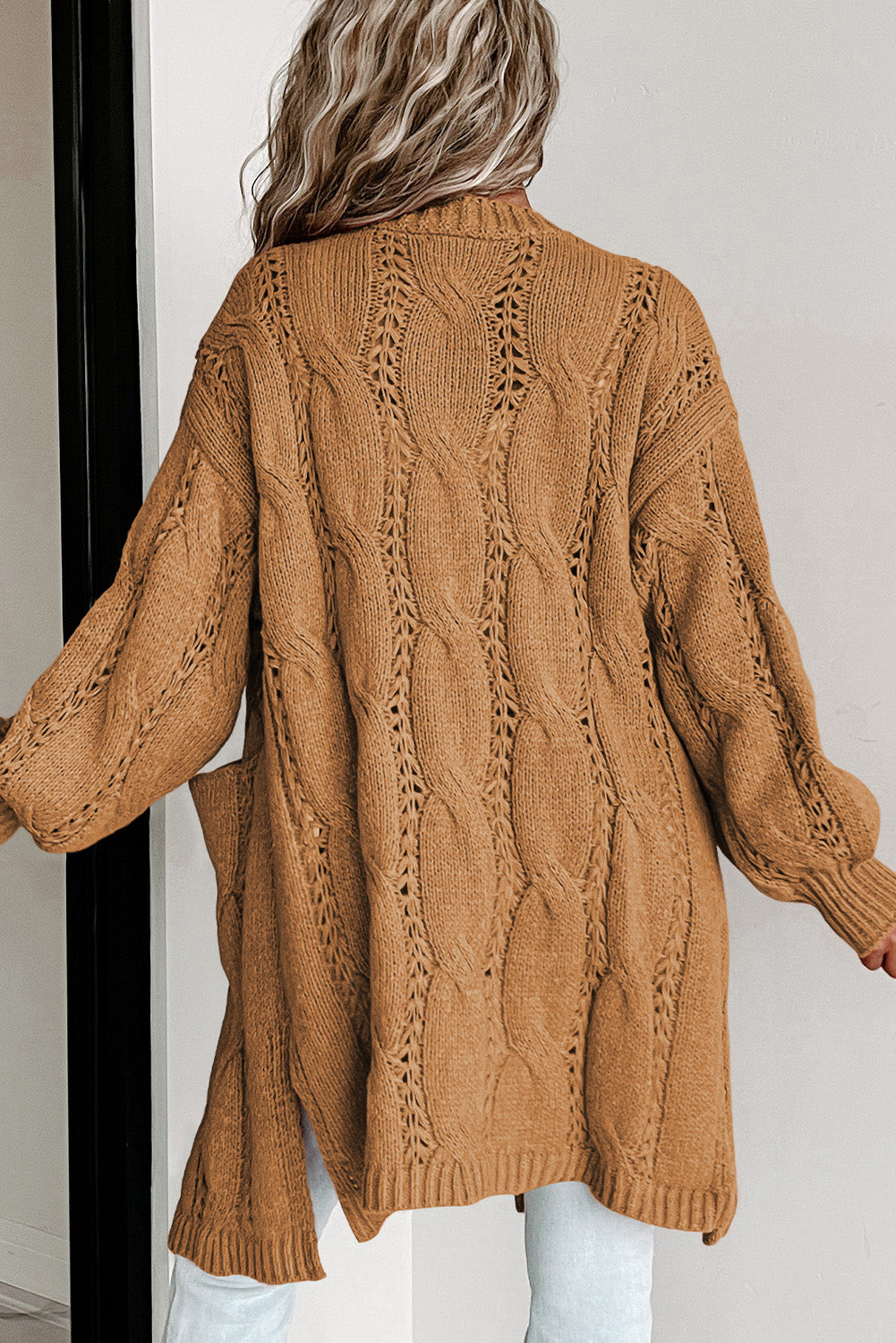 Black Ribbed Trim Eyelet Cable Knit Cardigan