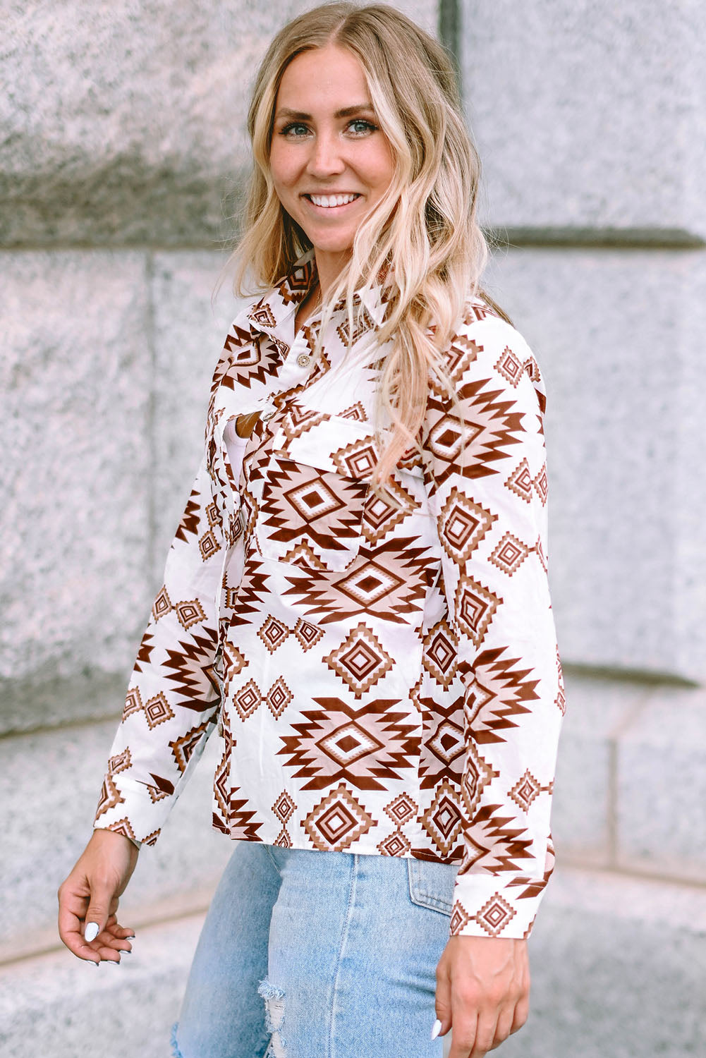 Western Aztec Pattern Button Flap Pocket Shirt