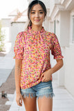 Boho Floral Ruffle Short Sleeve Frill Mock Neck Blouse