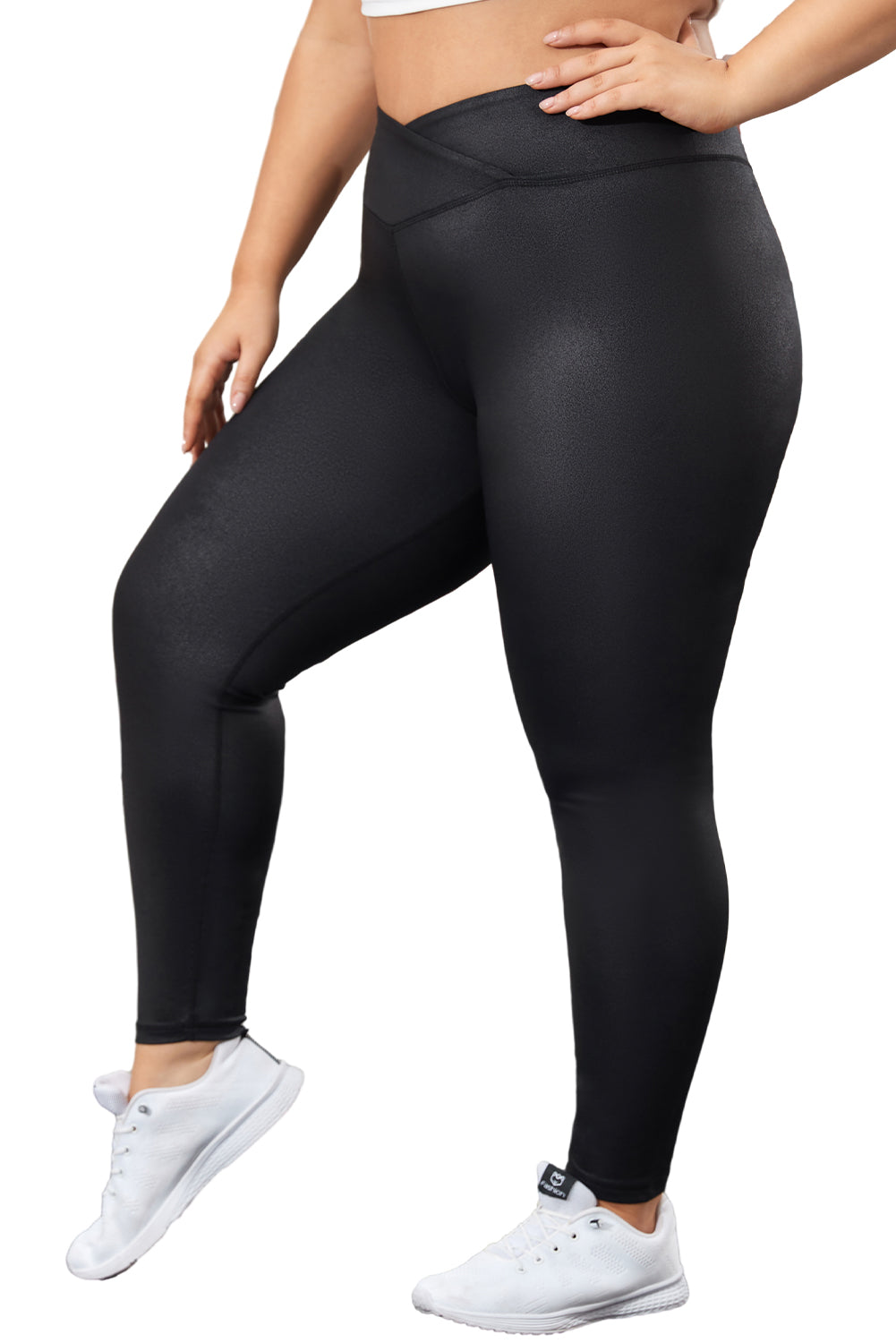 Black Crossed Dip Waist Sleek Leather Leggings