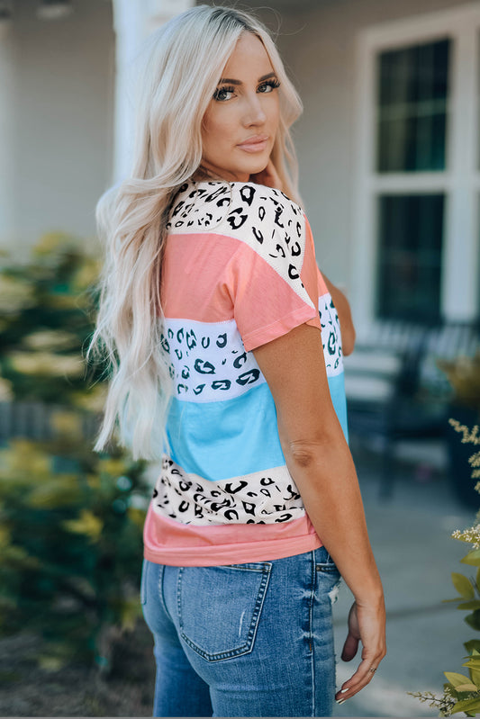 Leopard Color Block Short Sleeve Top