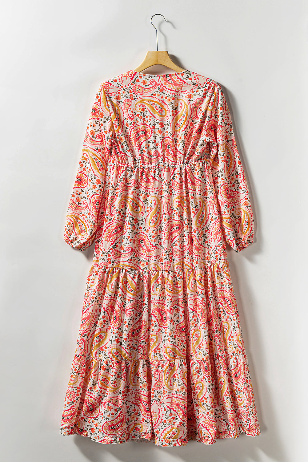 Boho Holiday Paisley Print Tiered Long Sleeve Maxi Dress