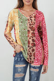 Floral Leopard Mixed Print V Neck Long Sleeve Tee