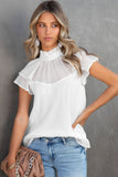 Sheer Ruffle Sleeve Splice Mock Neck Blouse