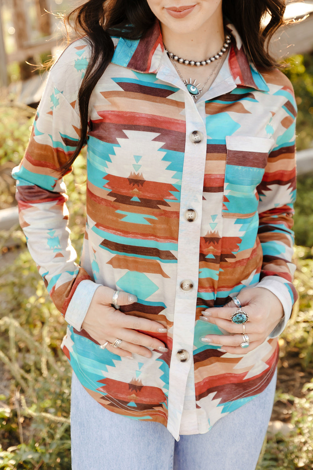 Aztec Print Buttoned Pocket Chest Long Sleeve Shirt