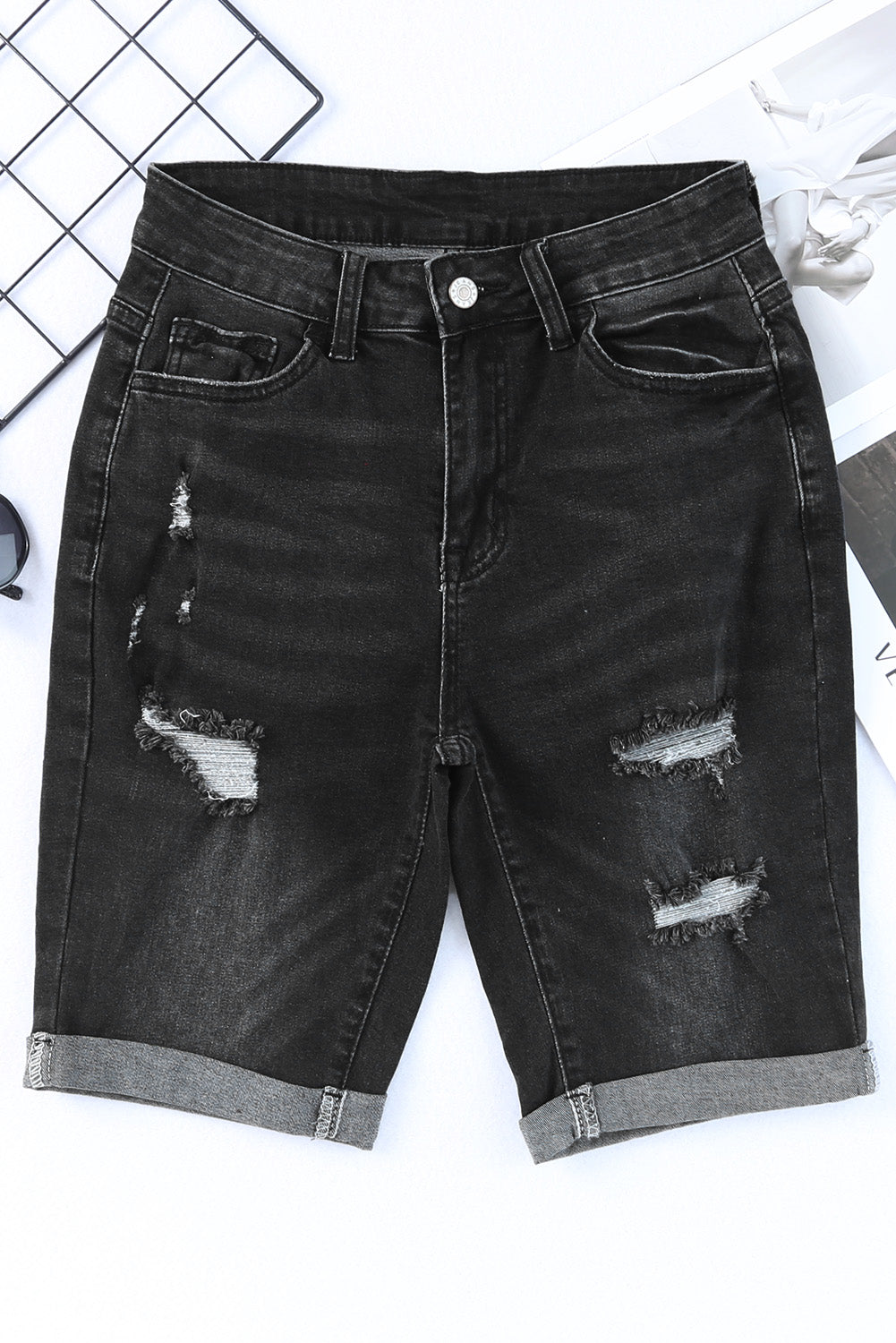 Roll-up Distressed Bermuda Denim Shorts