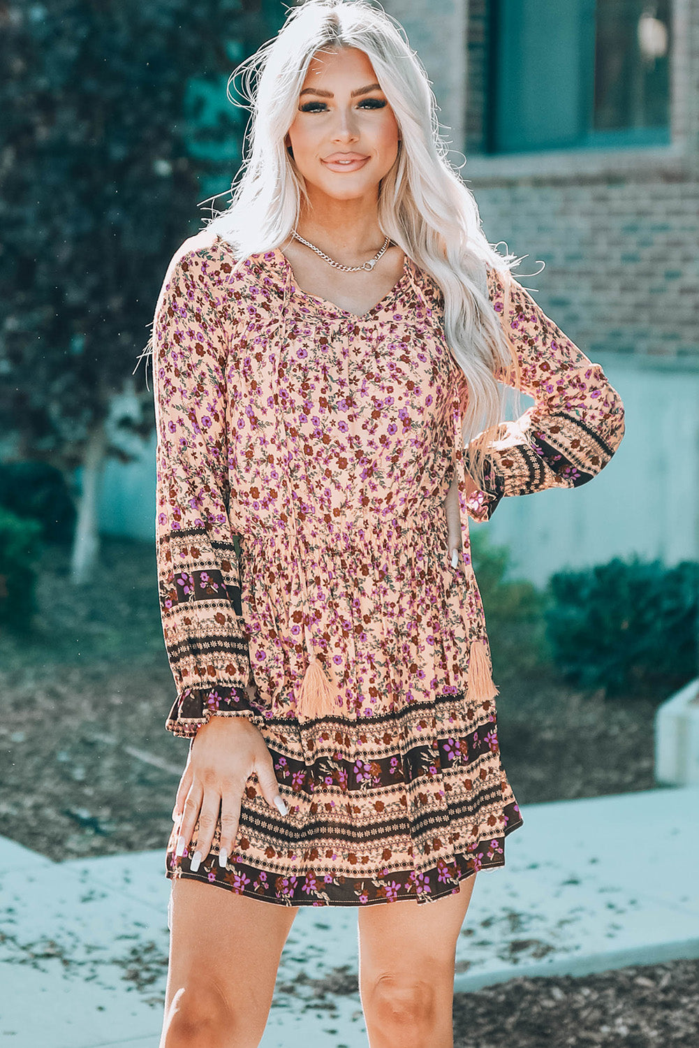 Split V Neck Boho Floral Dress