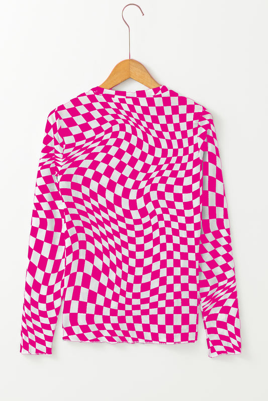 Rose Checkered Pattern Mesh Mock Neck Long Sleeve Top