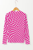 Rose Checkered Pattern Mesh Mock Neck Long Sleeve Top