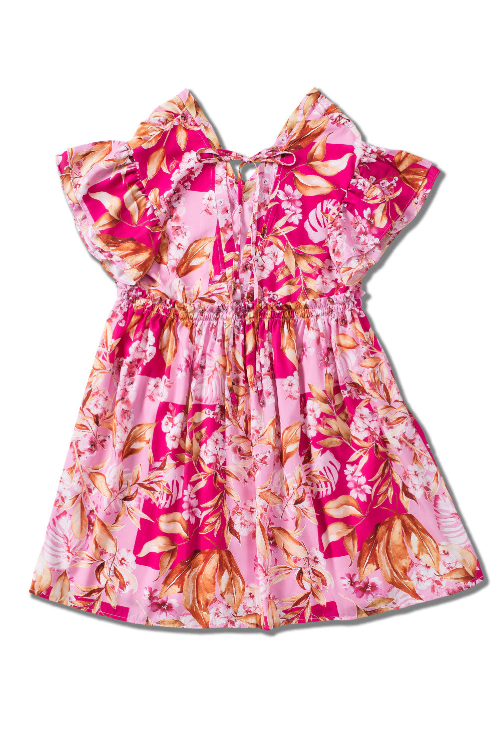 Robe florale rose avec nœud papillon et dos ouvert, col en V