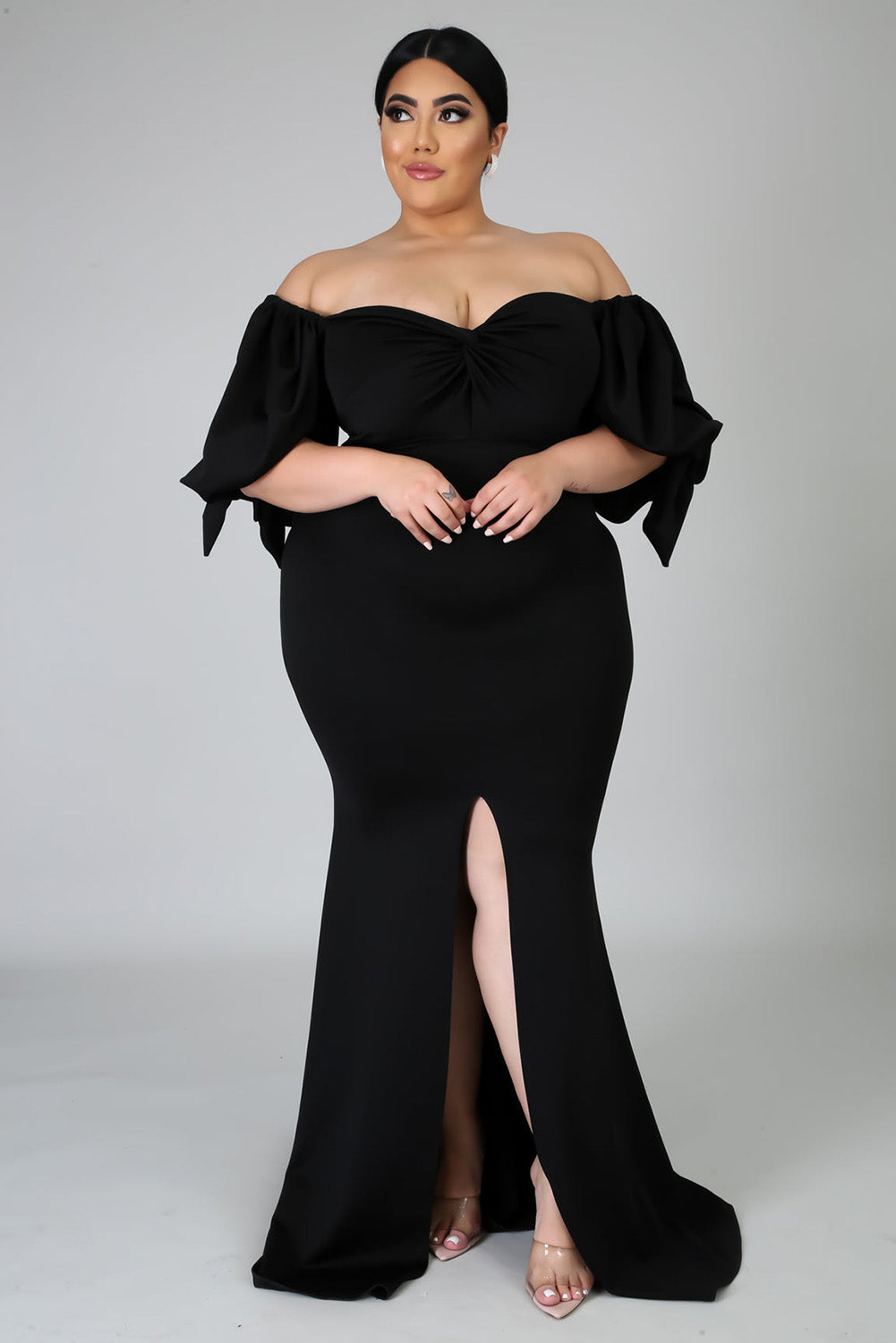 Robe longue noire avec nœud papillon et manches bouffantes, grande taille, fente haute