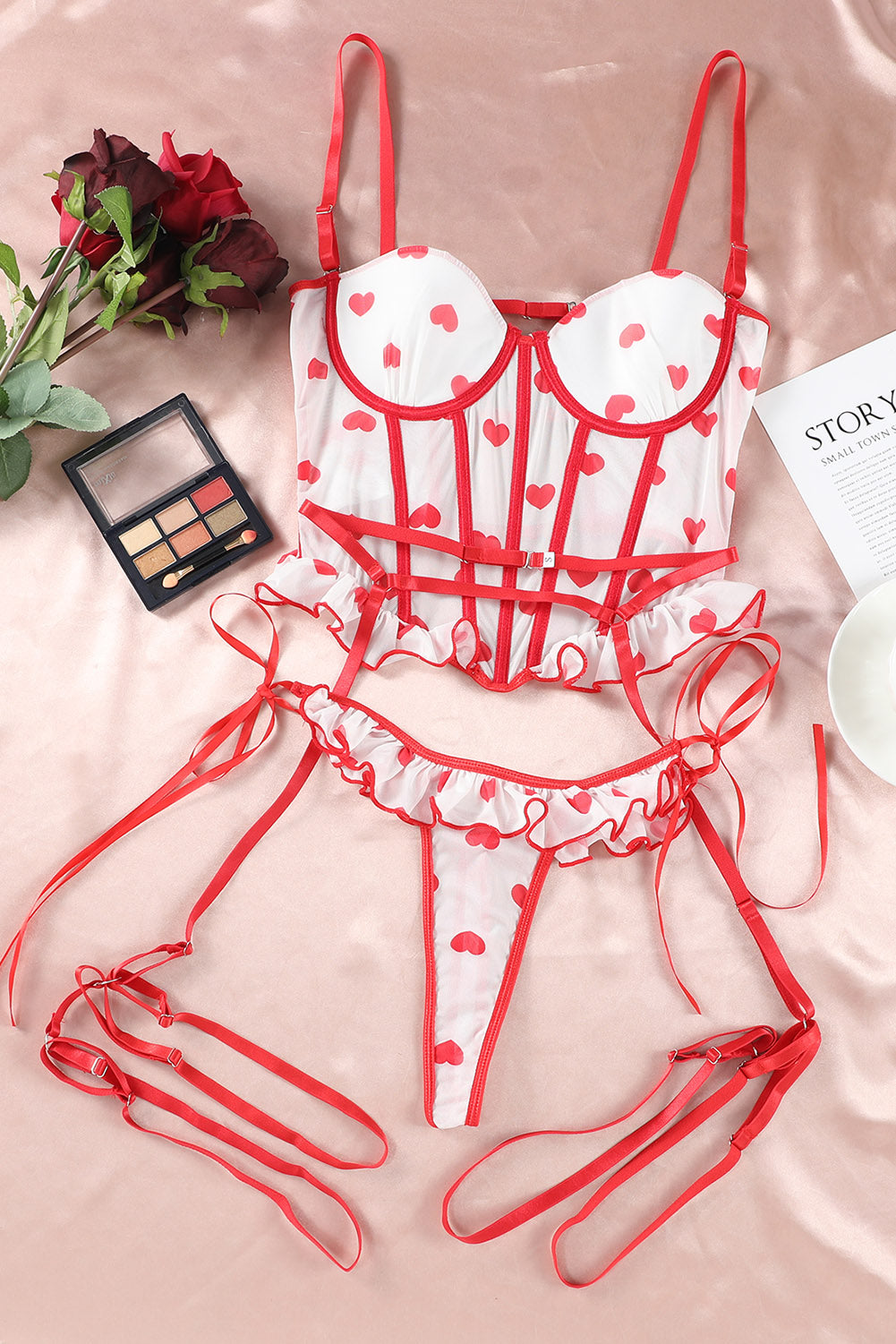 Heart Print Ruffled Strappy Three-piece Lingerie Set