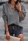 V Neck Ribbed Drop Shoulder Hooded Sweater