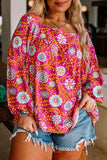 Pink Plus Size Square Neck Floral Blouse