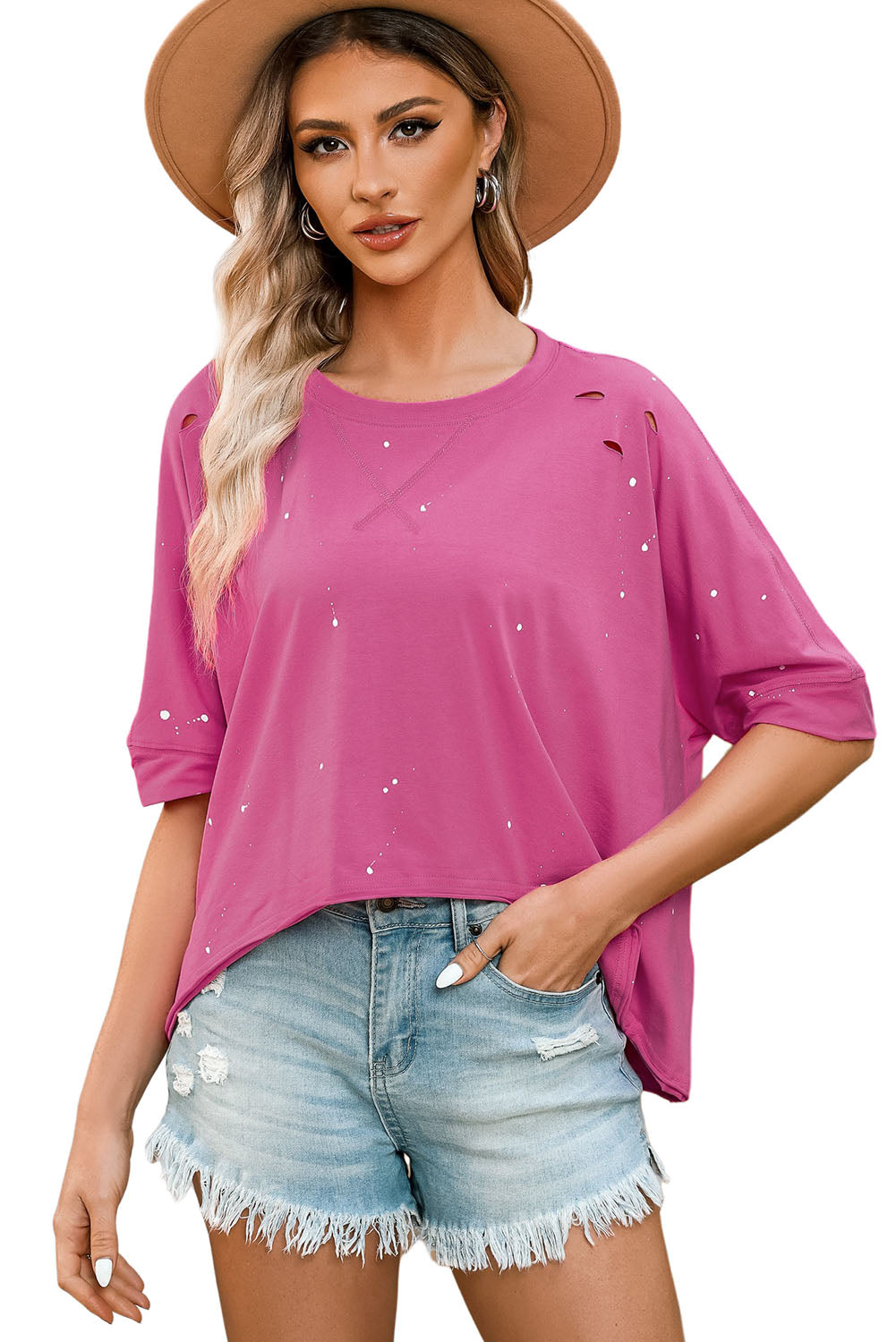 Distressed Bleached Asymmetric Hem Short Sleeve Top