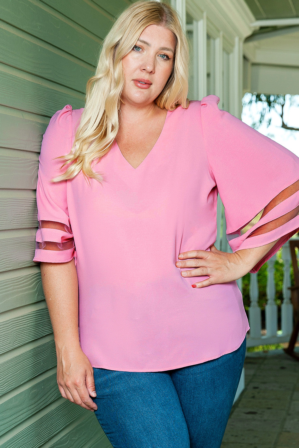 Plus Size Mesh Striped Bell Sleeve Blouse