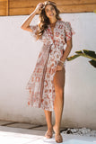 Boho Print Deep V Kimono Sleeves Beach Dress with Split