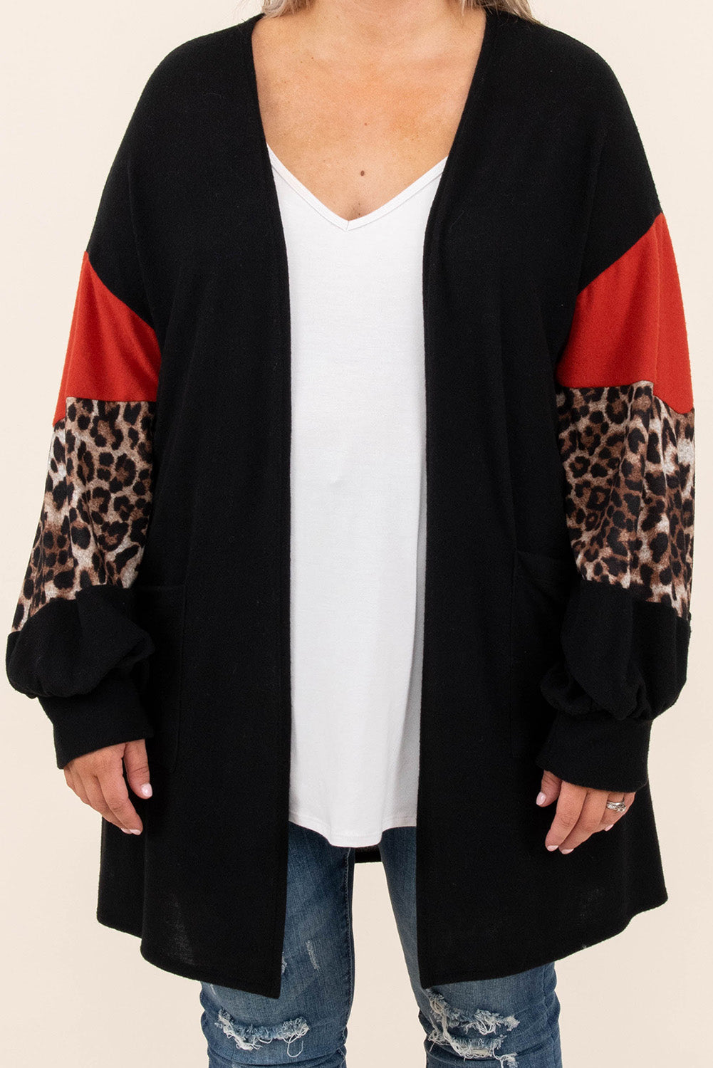 Leopard Color Block Sleeve Plus Size Cardigan