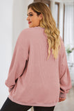 Pink Solid Ribbed Knit Round Neck Pullover Sweatshirt