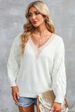 Cable Puff Sleeve Lace V Neck Sweater