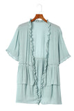 Ruffled Trim Half Sleeve Open Front Kimono