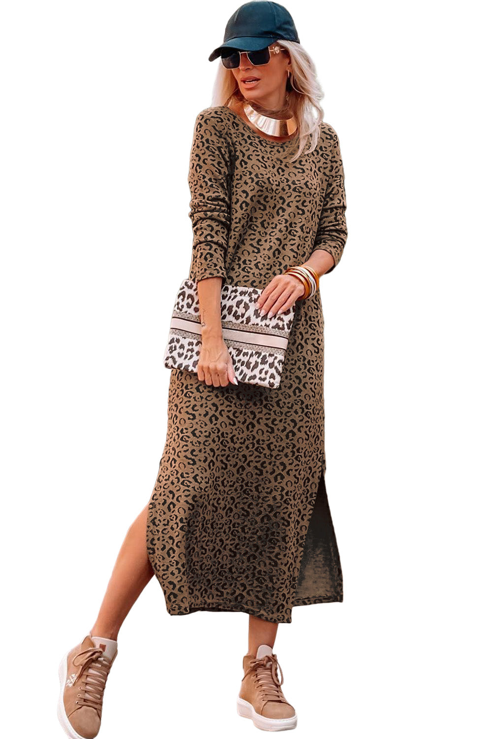 Round Neck Long Sleeve Split Dress