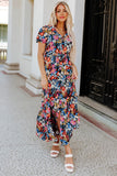 Short Sleeve Boho Floral Pattern Tiered Maxi Dress