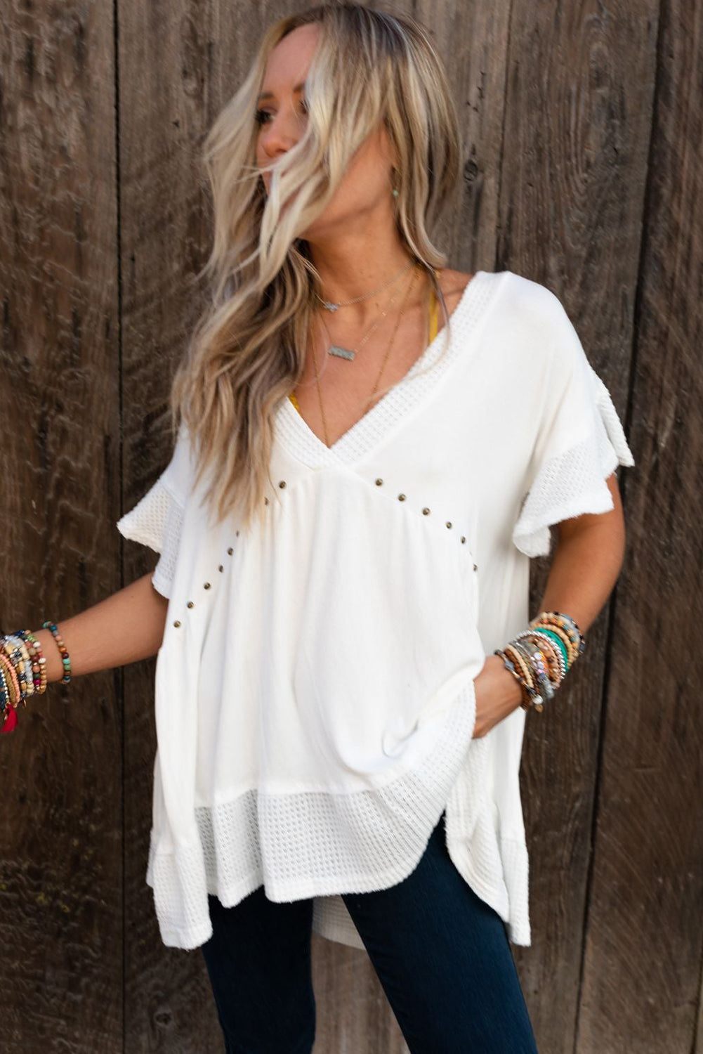 Contrast Knit Splicing V Neck Studded Blouse