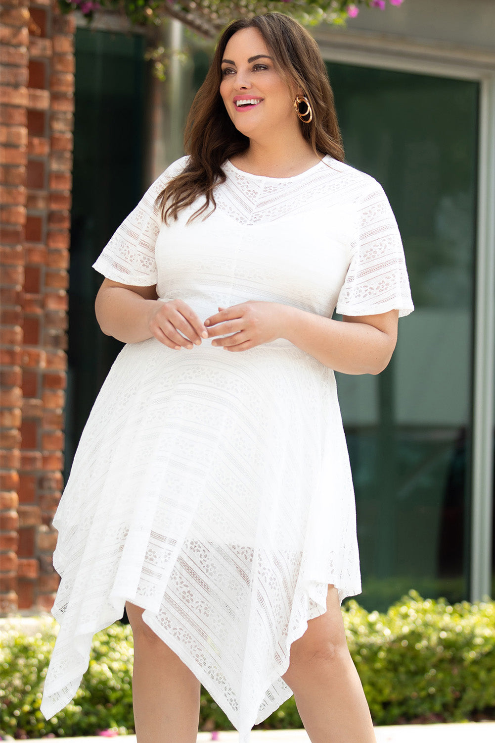 Plus Size Lace Striped Texture Handkerchief Hem Dress