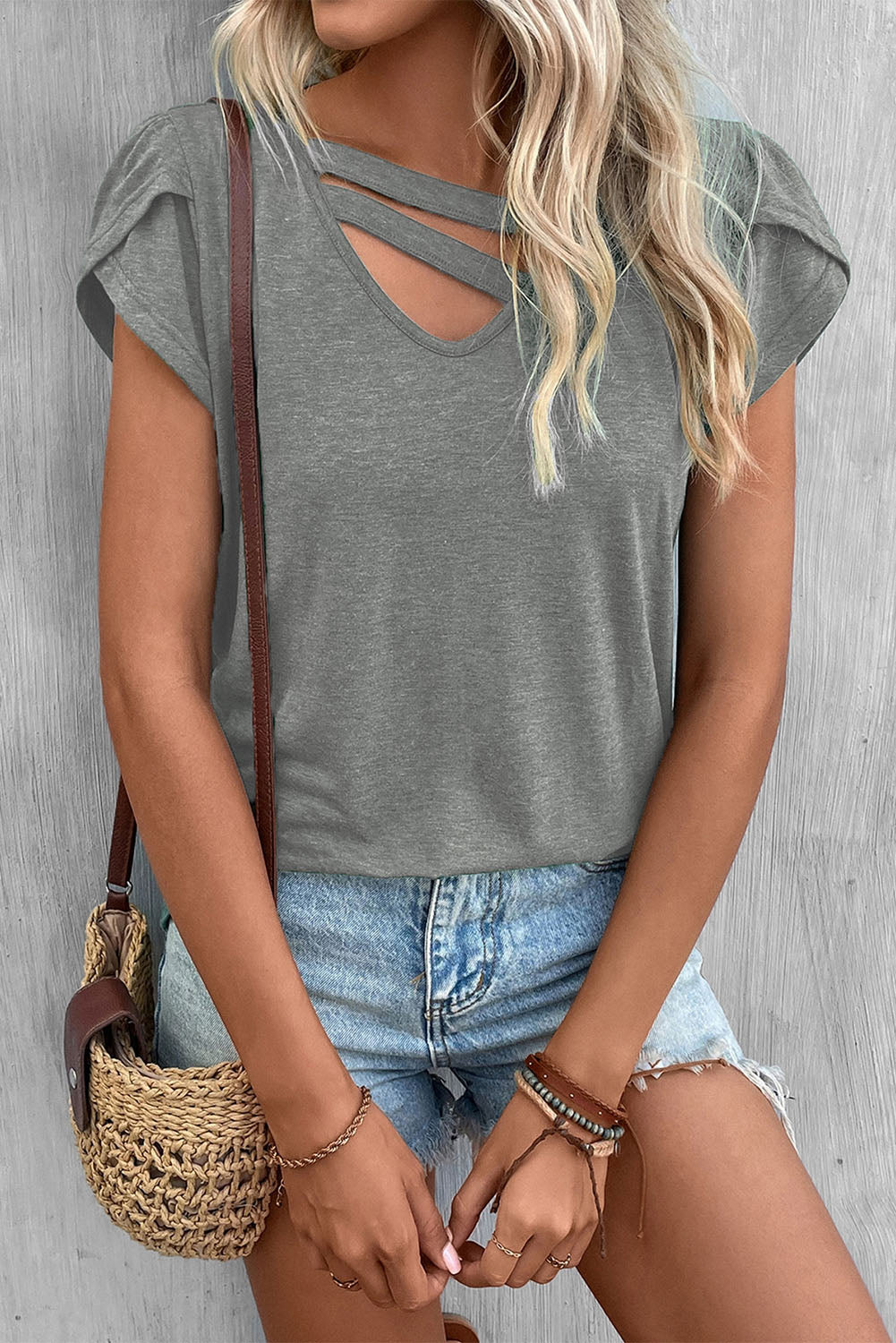 Strappy V Neck Overlap Short Sleeve Top