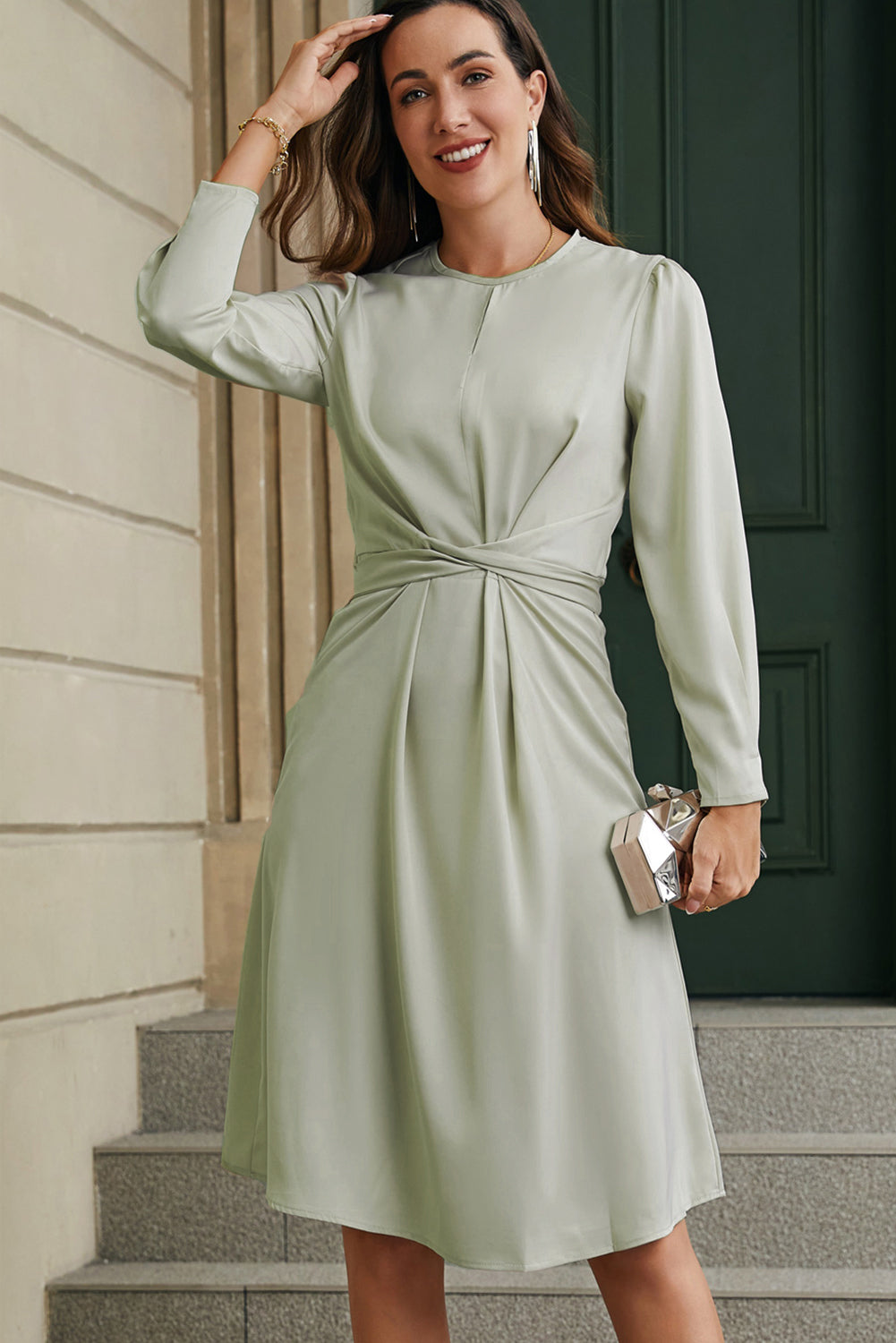 Twist Front Tie Back Long Sleeve Satin Dress