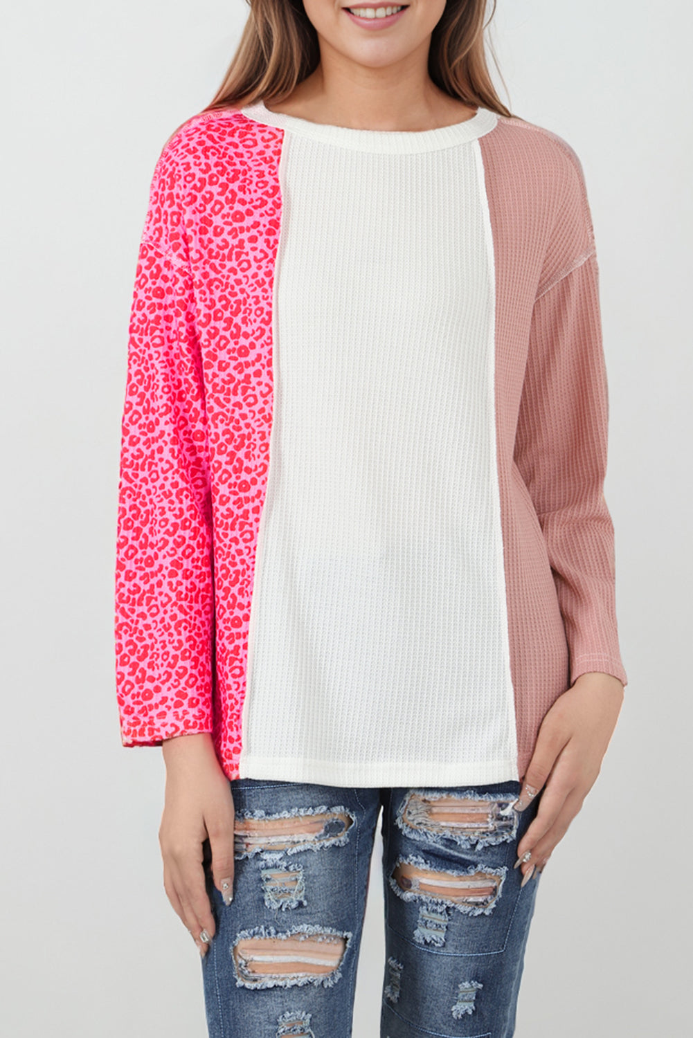 Waffle Knit Exposed Seam Leopard Colorblock Print Top