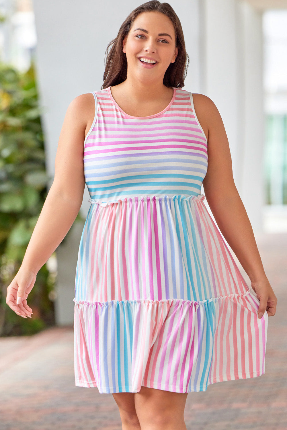 Ombre Striped Sleeveless Tiered Plus Size Dress